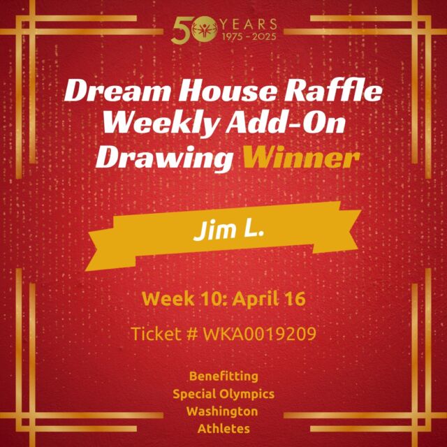 🎉 Congratulations to this week’s $10,000 winner — Jim L. from Port Angeles, WA! 🎉

Thanks to supporters like you, we’re able to continue offering life-changing programs and leadership opportunities to athletes and individuals with Intellectual and Developmental Disabilities (IDD) across Washington state.

If you missed out on this week’s Weekly Add-on Drawing, there’s still time to join in! Purchase your Raffle ticket and a Weekly Add-on Drawing ticket by Friday, April 18 to be entered into next week’s drawing.

👉 Visit PugetSoundRaffle.com to find out how you can get your tickets today!

Only 2 weeks left of Weekly Add-on Drawings — and don’t forget, there are dozens of prizes still up for grabs, including the $100,000 Add-on Prize during the Grand Prize drawing on Friday, May 9! 💸

#SpecialOlympicsWA #PugetSoundRaffle #DreamHouseRaffle