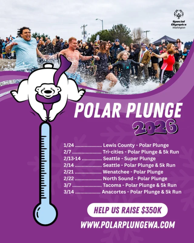 2026 Polar Plunge registration is NOW OPEN!

We’ve officially launched eights events across Washington and a $350,000 fundraising goal to support Special Olympics Washington athletes.

New this year:
 5K Run + Plunge Combo (select locations)
 Seattle Super Plunge — a 24-hour challenge for the boldest plungers!

Grab your friends, form a team, and get ready to make a splash for inclusion.

Register or donate now using link in bio. 

#PolarPlungeWA #BeBoldGetCold #SpecialOlympicsWA