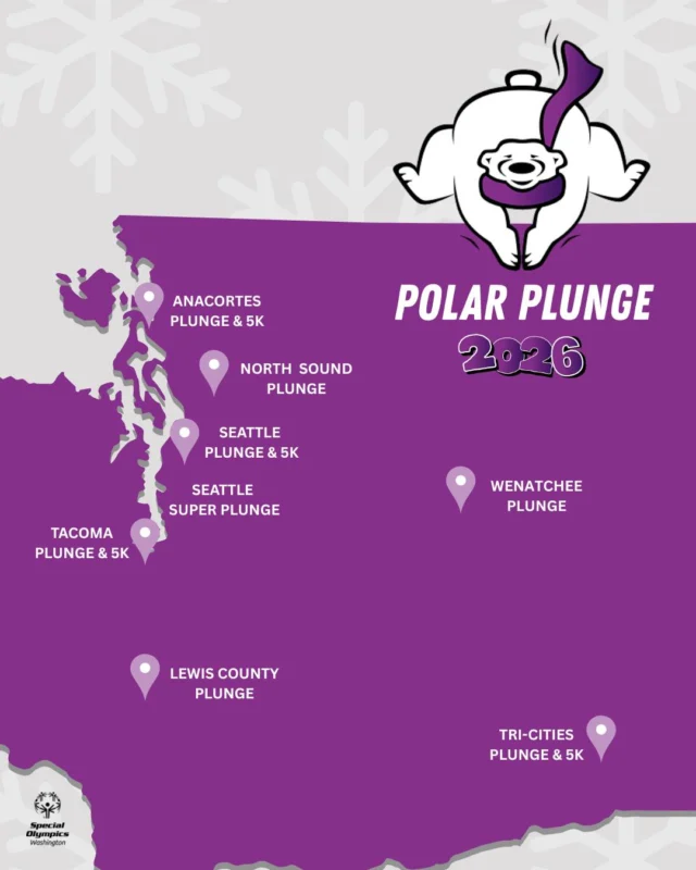 The Polar Plunge is popping up all across Washington!

From Seattle to Wenatchee and now with Pop-Up Plunges happening in schools, offices, and local communities there’s a way for everyone to #BeBoldGetCold this season.

This year’s lineup includes 7 main events statewide, plus exciting new additions like the Seattle Super Plunge (a 24-hour challenge!):

2026 POLAR PLUNGE WASHINGTON DATES
- January 24, 2026: Lewis County Polar Plunge
- February 7, 2026: Tri-Cities Polar Plunge & 5K Run
- February 13 - 14, 2026: Seattle Super Plunge
- February 14, 2026: Seattle Polar Plunge & 5K Run
- February 21, 2026: Wenatchee Polar Plunge
- February 22, 2026: North Sound Polar Plunge
- March 7, 2026: Tacoma Polar Plunge
- March 14, 2026: Anacortes Polar Plunge & 5K Run

Find your local plunge (or create your own!) on the map and join us in making 2026 our boldest, coldest, and most inclusive year yet.

Register or host a Pop-Up Plunge using the link in bio. 

#BeBoldGetCold #PolarPlungeWA #SpecialOlympicsWA #InclusionInAction #Community