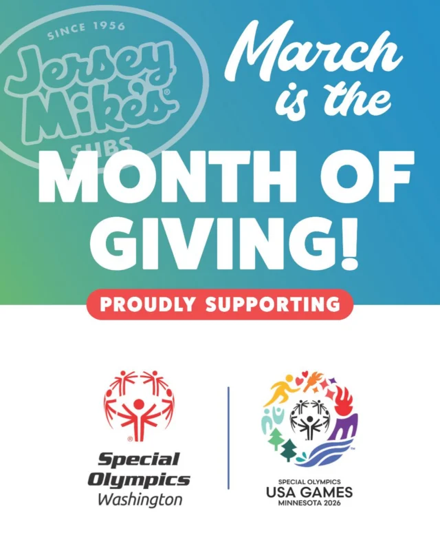 This March, @jerseymikes locations across Washington are supporting Special Olympics through Month of Giving.

Order all month and donate in-store or through the app. On March 25, each participating location will donate 100% of sales to support Special Olympics athletes and their path to the Special Olympics USA Games.

Stop by your local Jersey Mike’s and support our athletes!