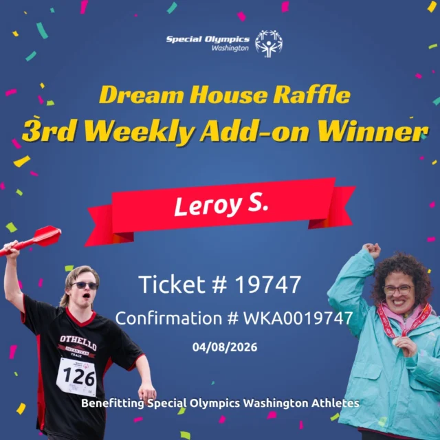 We’ve got another Weekly Add-on winner!

Shoutout to our third $10,000 Weekly Add-On Winner, Leroy S. from Gig Harbor, WA!

Because of supporters like you, we’re able to provide year-round opportunities for Special Olympics Washington athletes to train, compete, and thrive. We appreciate you being part of it.

And we’re just getting started - every Wednesday from now until Wednesday, June 10, we will be giving away $10,000! 

Don’t wait! Secure your tickets here: https://pugetsoundraffle.com/overview