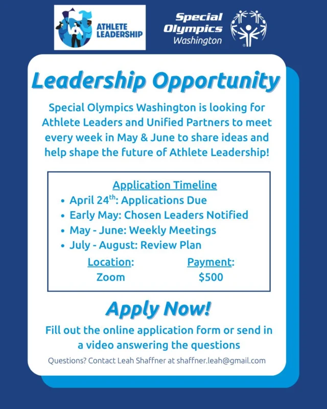 Calling all Athlete Leaders and Unified Partners! Applications are open to join the Athlete Leadership Cohort to share your ideas and help shape the future of Athlete Leadership. 

Click the link in our bio to fill out the online application form or send in a video answering the questions to apply!

Applications are due by April 24th.