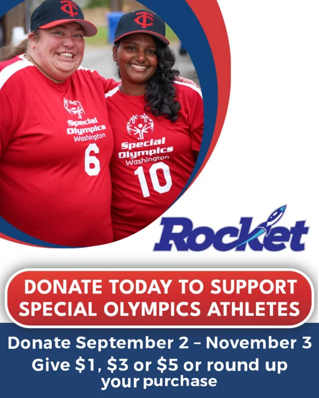 Your next snack stop could help support Special Olympics Washington athletes!

Through November 3, round up your purchase or donate $1, $3 or $5 at Rocket stores. Funds raised in Washington stay right here in our state, helping create more opportunities for athletes to train, compete and connect.

A little extra at checkout can go a long way!
