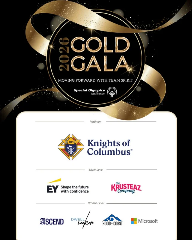 Tonight’s the night! ✨💛 We can’t wait to celebrate inclusion and Move Forward with Team Spirit at the 2026 Gold Gala!

This evening wouldn’t be possible without our incredible sponsors. Your support helps create year-round opportunities for Special Olympics Washington athletes to compete, lead, and thrive.

Thank you for being part of our team and making tonight possible. Let’s make it a night to remember!