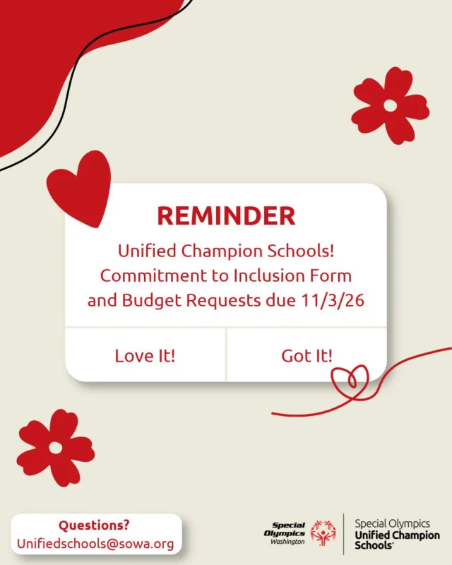 Attention Unified Champion Schools‼️

Commitment to Inclusion forms and Budget Requests are due on November 3rd! If your school hasn’t already, make sure to complete these forms before the deadline.

Questions? Reach out to unifiedschools@sowa.org

#UnifiedChampionSchools